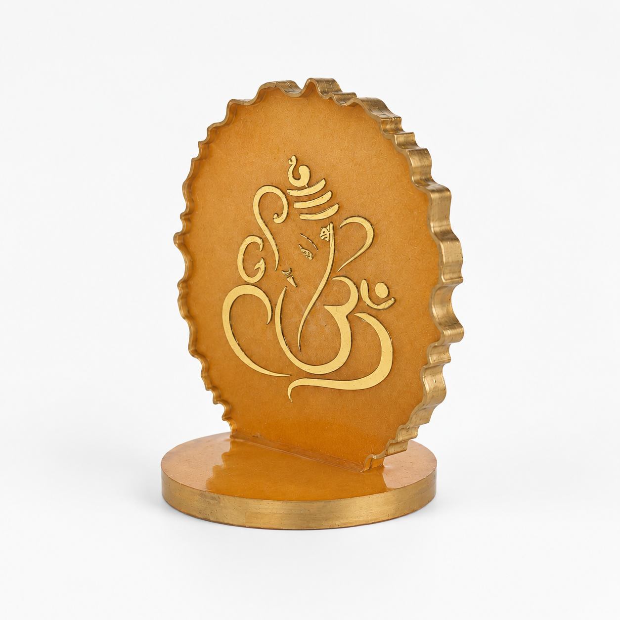 Ganesha car dashboard idol - amber gold resin - 45 degree right angle view