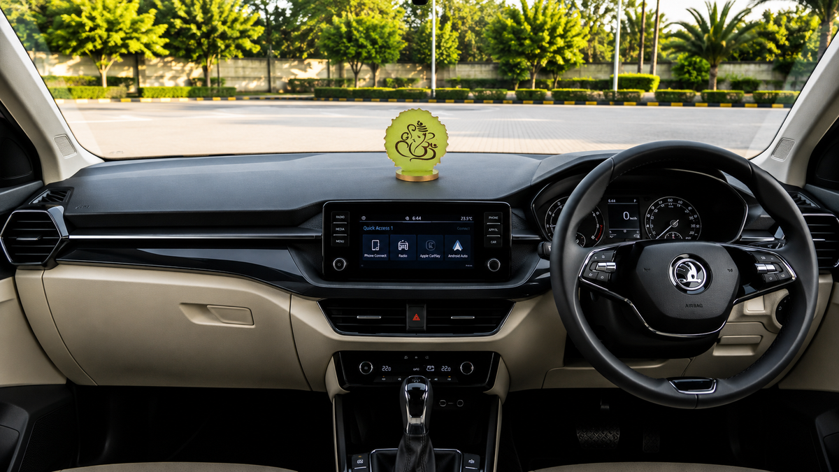 Ganesha car dashboard idol - neon green resin - placed on car dashboard