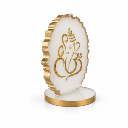 Ganesha car dashboard idol - pearl white resin - 45 degree left angle view