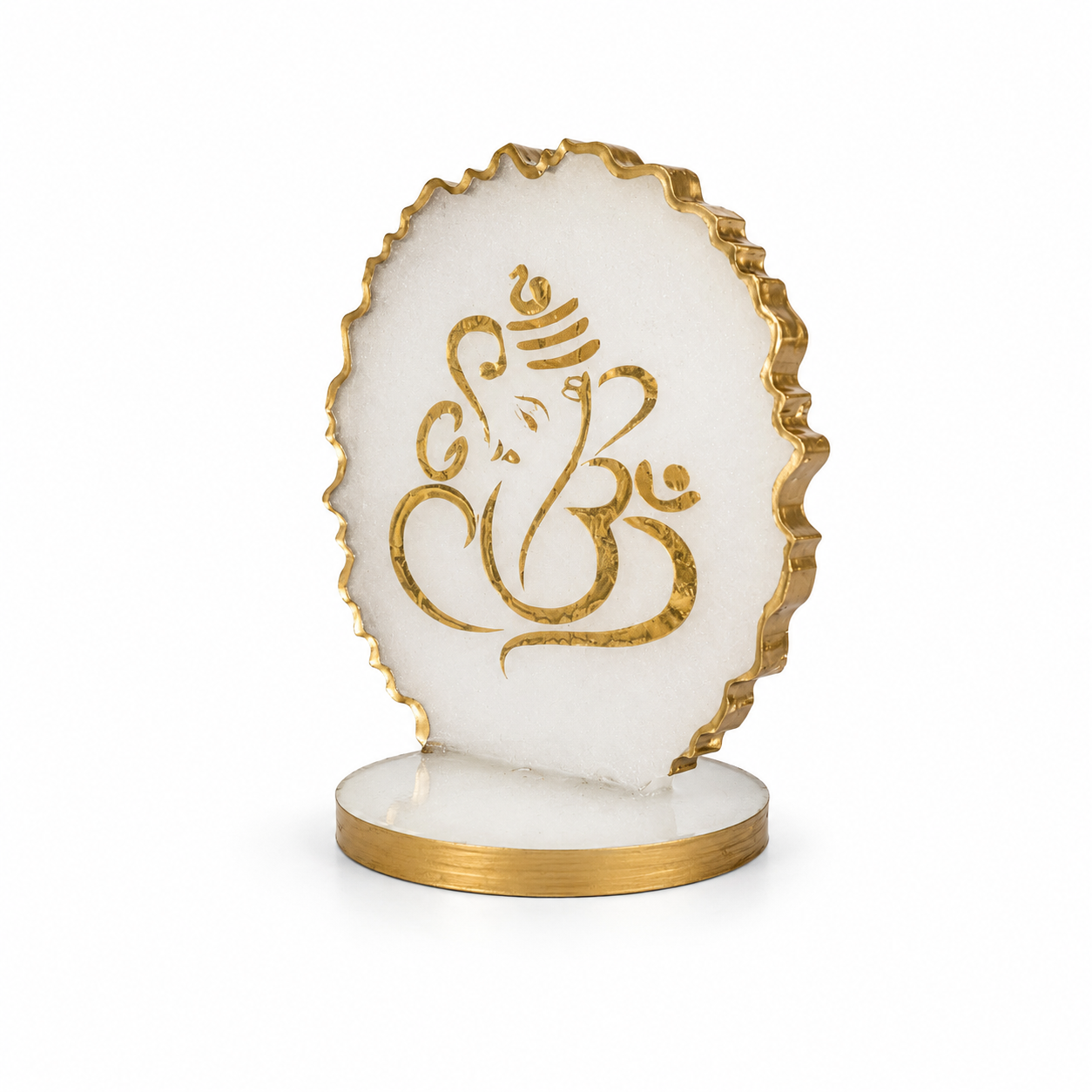 Ganesha car dashboard idol - pearl white resin - 45 degree right angle view