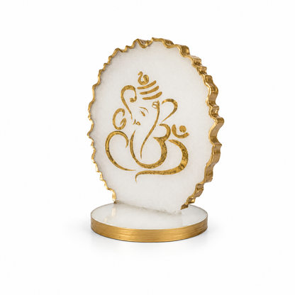 Ganesha car dashboard idol - pearl white resin - 45 degree right angle view