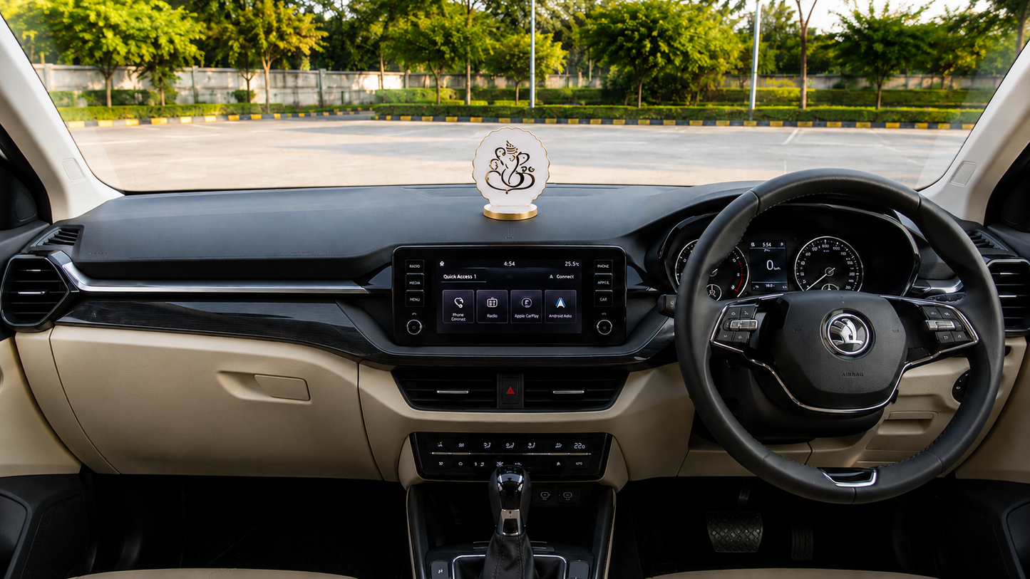 Ganesha car dashboard idol - pearl white resin - placed on car dashboard