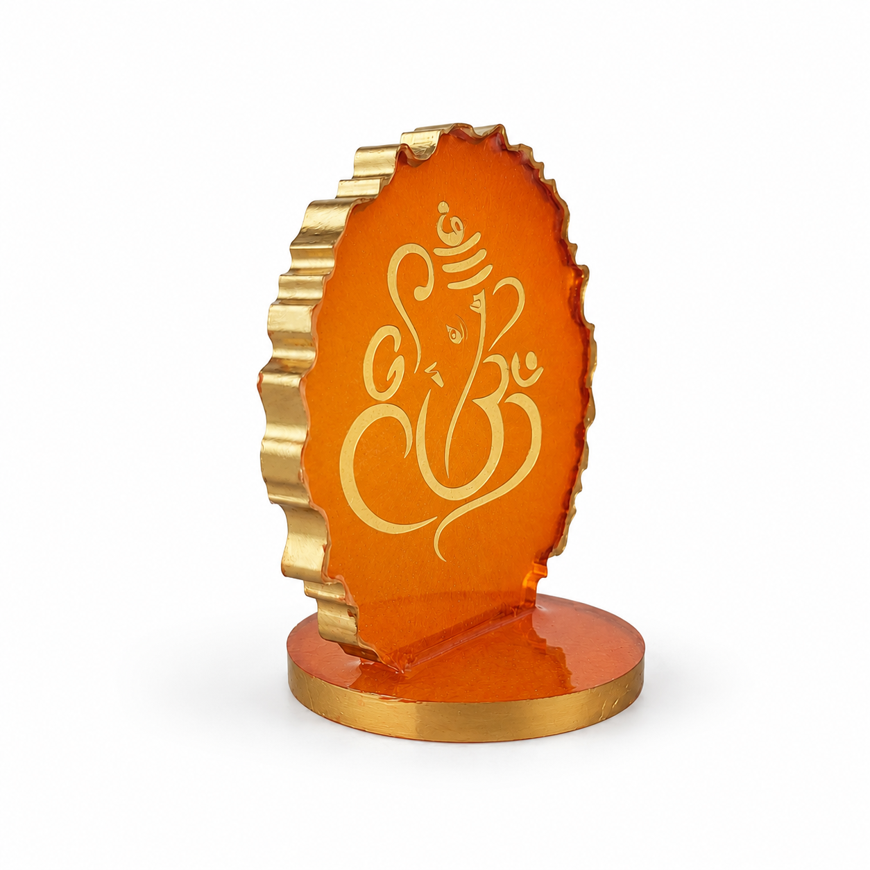 Ganesha car dashboard idol - sunset orange resin - 45 degree left angle view