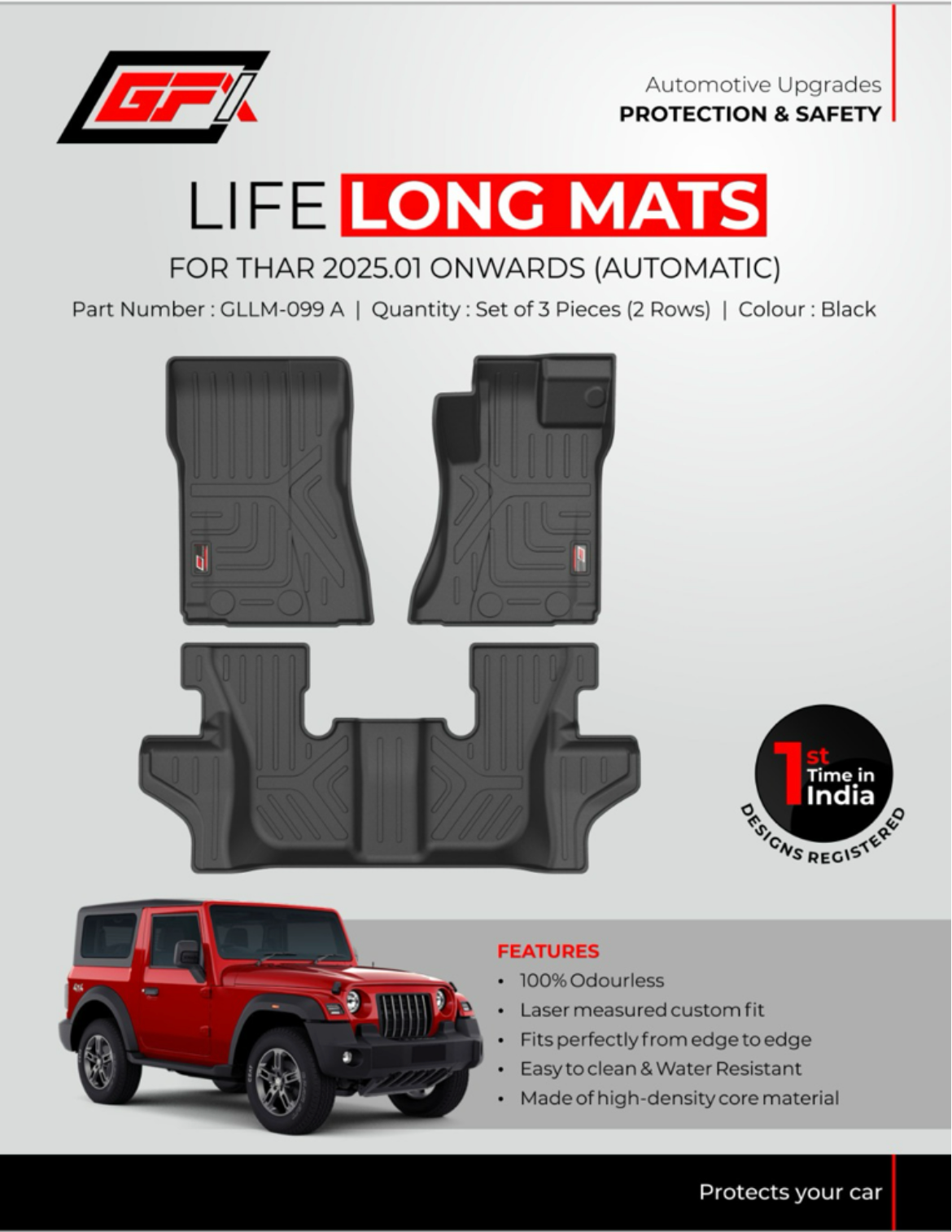 GFX Floor Mats for Mahindra Thar Automatic - Spec Sheet